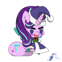 Size: 9934x9934 | Tagged: safe, artist:dimanizma, starlight glimmer, pony, unicorn, g4, absurd resolution, anime, bag, chibi, christmas, clothes, costume, cute, fate/stay night, female, filly, foal, happy new year, hat, hearth's warming eve, holiday, horn, mare, open mouth, open smile, padoru, santa costume, santa hat, simple background, smiling, solo, transparent background, watermark