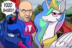 Size: 3000x2000 | Tagged: safe, artist:swagstapiece, princess celestia, princess luna, alicorn, human, pony, g4, bloodshot eyes, blunt, bong, drugs, eyes closed, female, folded wings, high res, horn, human male, joe rogan, male, mare, marijuana, smoking, speech bubble, wings