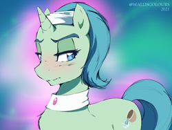 Size: 1532x1149 | Tagged: safe, artist:walliscolours, birch bucket, pony, unicorn, g4, blushing, dated, eyelashes, femboy, gradient background, jewelry, lidded eyes, looking at something, male, necklace, signature, solo, spa pony, stallion