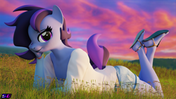 Size: 3840x2160 | Tagged: safe, artist:shadowboltsfm, oc, oc:raven storm, anthro, plantigrade anthro, 3d, 4k, blender, clothes, crossed legs, daisy dukes, feet, female, grass, high res, implied tail hole, looking at you, not sfm, sandals, shorts, smiling, solo, sunset, tail, the pose