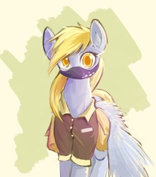 Size: 1500x1708 | Tagged: safe, artist:manicpanda, derpy hooves, pegasus, pony, g4, clothes, face mask, female, looking at you, mailmare, mare, mask, one layer, solo, uniform