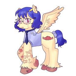 Size: 1280x1280 | Tagged: safe, artist:panimeko, oc, oc only, oc:muscle memory, pegasus, pony, badge, braces, buff, clothes, ear piercing, earring, female, glasses, gritted teeth, jewelry, mare, muscles, necktie, nose piercing, nose ring, pencil, piercing, raised hoof, shirt, simple background, solo, sweat, sweatdrop, tattoo, torn clothes, unshorn fetlocks, white background