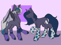 Size: 2732x2048 | Tagged: safe, artist:snows-undercover, oc, oc only, oc:elizabat stormfeather, oc:n0kkun, alicorn, bat pony, bat pony alicorn, pony, unicorn, alicorn oc, bat pony oc, bat wings, clothes, duo, female, grin, high res, horn, mare, raised hoof, smiling, socks, striped socks, wings
