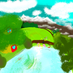 Size: 6000x6000 | Tagged: safe, discord, fluttershy, g4, absurd resolution, cloud, duo, heart, painting, tree, wat