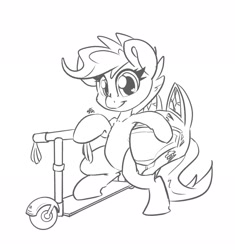 Size: 2234x2374 | Tagged: safe, artist:leadhooves, scootaloo, pegasus, pony, g4, bipedal, black and white, female, filly, foal, grayscale, helmet, high res, monochrome, scooter, simple background, smiling, solo, white background