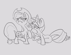 Size: 3300x2550 | Tagged: safe, artist:leadhooves, applejack, rarity, earth pony, pony, unicorn, g4, applejack's hat, cowboy hat, duo, female, frown, gray background, grayscale, grin, hat, high res, lidded eyes, looking away, mare, monochrome, shipping, simple background, sitting, smiling, teasing