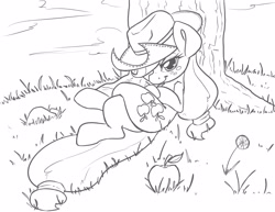 Size: 3300x2550 | Tagged: safe, artist:leadhooves, applejack, earth pony, pony, g4, apple, applejack's hat, black and white, cowboy hat, crossed legs, female, food, grass, grayscale, hat, high res, looking at you, lying down, mare, monochrome, on back, smiling, smiling at you, solo, tree