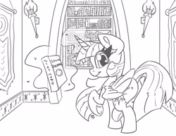 Size: 3300x2550 | Tagged: safe, artist:leadhooves, twilight sparkle, alicorn, pony, g4, black and white, book, bookshelf, female, grayscale, high res, levitation, looking at you, looking back, looking back at you, magic, mare, monochrome, smiling, smiling at you, solo, telekinesis, twilight sparkle (alicorn), underhoof