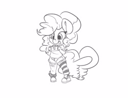 Size: 3300x2550 | Tagged: safe, artist:leadhooves, pinkie pie, earth pony, anthro, plantigrade anthro, g4, bandaid, black and white, clothes, converse, female, filly, foal, grayscale, high res, jeans, monochrome, nintendo switch, pants, shoes, simple background, socks, solo, striped socks, tongue out, white background, younger