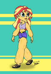 Size: 1024x1483 | Tagged: safe, artist:tmntsam, sunset shimmer, human, equestria girls, g4, alternate universe, belt, clothes, feet, female, fur, furry human, sandals, shorts, solo, tank top