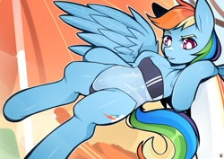 Size: 7016x4961 | Tagged: safe, artist:sugarelement, rainbow dash, pegasus, pony, semi-anthro, g4, arm hooves, beach, clothes, female, flying, gris swimsuit, one-piece swimsuit, see-through, solo, swimsuit
