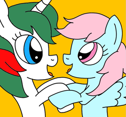Size: 753x698 | Tagged: safe, artist:goldilocksofflowers, gusty, wind whistler, pegasus, pony, unicorn, g1, g4, cute, duo, excited, female, friends, g1 to g4, generation leap, gustybetes, gustywind, holding hooves, lesbian, mare, open mouth, open smile, shipping, simple background, smiling, whistlerbetes, yellow background