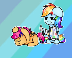 Size: 1280x1024 | Tagged: safe, artist:amazing-ga, rainbow dash, scootaloo, pegasus, pony, fanfic:rainbow factory, clothes, cross-popping veins, duo, eyes closed, fanfic art, female, filly, foal, knife, lab coat, mare, rainbow dash is not amused, rainbow factory dash, scared, unamused