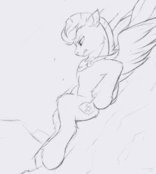 Size: 1700x1900 | Tagged: safe, artist:snowstormbat, oc, oc:bulwark, pegasus, pony, cape, clothes, male, mountain, sketch, sliding, solo, stallion