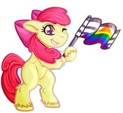 Size: 2749x2543 | Tagged: safe, artist:goldengriffiness, apple bloom, earth pony, pony, g4, bipedal, female, filly, foal, grin, high res, holding a flag, looking at you, one eye closed, pride flag, simple background, smiling, solo, straight ally flag, transparent background, wink, winking at you