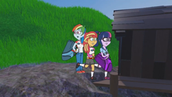 Size: 1280x720 | Tagged: safe, rainbow dash, sci-twi, sunset shimmer, twilight sparkle, equestria girls, g4, bag, camp everfree outfits, eddy misbehaves at camp goville, female, goanimate, gritted teeth, hill, lesbian, pier, roblox, running, shed, ship:sci-twishimmer, ship:sunsetsparkle, shipping, turned head