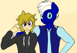 Size: 3061x2126 | Tagged: safe, artist:eisky, oc, oc:eis, oc:electric blue, human, pegasus, anthro, arm on shoulder, clothes, duo, grin, hand on waist, high res, hoodie, jacket, looking at you, pose, simple background, smiling, varsity jacket, waist up