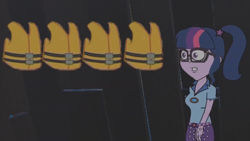 Size: 1280x720 | Tagged: safe, sci-twi, twilight sparkle, equestria girls, g4, camp everfree outfits, darkness, eddy misbehaves at camp goville, goanimate, gritted teeth, interior, lifejacket, shrunken pupils, surprised, walking, wood