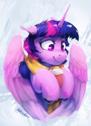 Size: 926x1289 | Tagged: safe, artist:anticular, twilight sparkle, alicorn, pony, g4, clothes, coffee cup, cup, cute, female, floppy ears, mare, scarf, snow, solo, twiabetes, twilight sparkle (alicorn), unshorn fetlocks, winter
