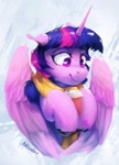 Size: 926x1289 | Tagged: safe, artist:anticular, twilight sparkle, alicorn, pony, clothes, coffee cup, cup, cute, female, floppy ears, mare, scarf, snow, solo, twiabetes, twilight sparkle (alicorn), unshorn fetlocks, winter