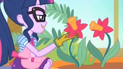 Size: 1920x1080 | Tagged: safe, screencap, sci-twi, twilight sparkle, equestria girls, g4, my little pony equestria girls: better together, my little shop of horrors, apron, clothes, flower, glasses, gloves, plant, ponytail, skirt