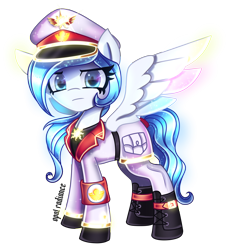 Size: 2917x3178 | Tagged: safe, artist:opal_radiance, oc, oc only, oc:opal rosamond, pegasus, pony, equestria at war mod, armband, boots, cap, clothes, hat, high res, looking at you, military, ponysona, shoes, simple background, solar empire, spread wings, transparent background, uniform, wings