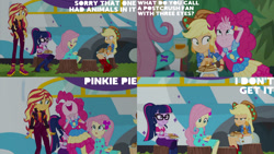 Size: 1280x720 | Tagged: safe, edit, edited screencap, editor:quoterific, screencap, applejack, fluttershy, pinkie pie, rarity, sci-twi, sunset shimmer, twilight sparkle, equestria girls, equestria girls specials, g4, my little pony equestria girls: better together, my little pony equestria girls: sunset's backstage pass, applejack's hat, clothes, cowboy hat, cutie mark on clothes, eyes closed, female, food, geode of sugar bombs, geode of super strength, hat, magical geodes, music festival outfit, nose in the air, open mouth, open smile, pancakes, smiling, uvula, volumetric mouth