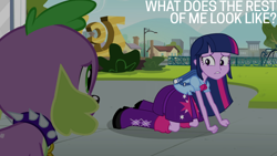 Size: 1920x1080 | Tagged: safe, edit, edited screencap, editor:quoterific, screencap, spike, twilight sparkle, dog, equestria girls, g4, my little pony equestria girls, backpack, boots, clothes, cutie mark on clothes, duo, female, male, shoes, spike the dog, statue, text