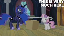 Size: 1920x1080 | Tagged: safe, edit, edited screencap, editor:quoterific, screencap, princess luna, sweetie belle, alicorn, pony, unicorn, for whom the sweetie belle toils, g4, season 4, box, crown, duo, female, filly, foal, jewelry, mare, open mouth, reality ensues, regalia, text