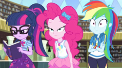 Size: 3410x1920 | Tagged: safe, screencap, pinkie pie, rainbow dash, sci-twi, twilight sparkle, best trends forever, best trends forever: pinkie pie, equestria girls, g4, my little pony equestria girls: better together, book, bowtie, clothes, crossed arms, cutie mark on clothes, female, geode of sugar bombs, geode of super speed, geode of telekinesis, glasses, high res, hoodie, jewelry, library, magical geodes, necklace, ponytail, shrunken pupils, tank top, trio, trio female