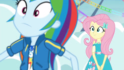 Size: 3410x1920 | Tagged: safe, screencap, fluttershy, rainbow dash, equestria girls, equestria girls specials, g4, my little pony equestria girls: better together, my little pony equestria girls: rollercoaster of friendship, clothes, cutie mark on clothes, duo, duo female, female, geode of fauna, geode of super speed, hairpin, high res, hoodie, jewelry, magical geodes, necklace, smiling
