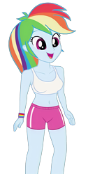 Size: 1112x2202 | Tagged: safe, edit, edited screencap, editor:ah96, screencap, rainbow dash, equestria girls, g4, background removed, belly button, breast edit, breasts, clothes, female, midriff, not a vector, open mouth, open smile, shorts, simple background, smiling, solo, sports bra, sports shorts, transparent background