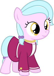Size: 1800x2524 | Tagged: safe, artist:peternators, oc, oc only, oc:goldy ornament, earth pony, pony, blazer, clothes, earth pony oc, female, filly, foal, full body, high res, hooves, jewelry, necklace, ribbon, shirt, show accurate, simple background, skirt, smiling, solo, standing, tail, three quarter view, transparent background, two toned mane, two toned tail, yellow eyes