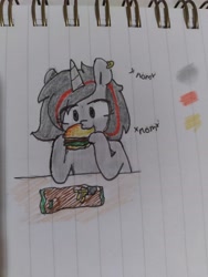 Size: 3120x4160 | Tagged: safe, artist:seylan, oc, oc only, pony, unicorn, burger, ear piercing, earring, eating, food, jewelry, lined paper, nom, piercing, solo, traditional art