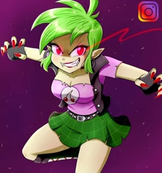 Size: 1080x1152 | Tagged: safe, artist:the-butch-x, cherry crash, undead, vampire, equestria girls, g4, background human, bite mark, boots, breasts, busty cherry crash, cleavage, clothes, cool, ear piercing, earring, edgy, fangs, female, fingerless gloves, gloves, glowing, glowing eyes, grin, hooped earrings, instagram, jewelry, looking at you, miniskirt, nail polish, plaid skirt, red eyes, shoes, skirt, smiling, smiling at you, solo