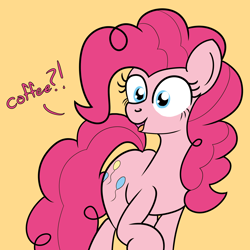 Size: 2000x2000 | Tagged: safe, artist:dafiltafish, pinkie pie, earth pony, pony, g4, excited, exclamation point, high res, interrobang, pinkie found the coffee, question mark, simple background, solo, text, xk-class end-of-the-world scenario