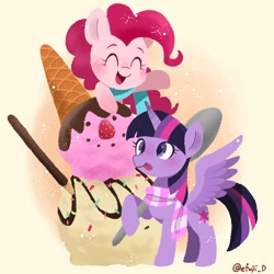 Size: 2048x2048 | Tagged: safe, artist:efuji_d, pinkie pie, twilight sparkle, alicorn, earth pony, pony, g4, blushing, clothes, cute, duo, eyes closed, female, food, giant food, high res, ice cream, ice cream cone, mare, open mouth, open smile, scarf, smiling, snowman, spoon, strawberry, tongue out, twilight sparkle (alicorn)