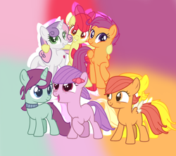 Size: 1280x1136 | Tagged: safe, artist:lillianlover2007, apple bloom, berrywine, holly breeze, jinx (g5), scootaloo, sweetie belle, earth pony, pegasus, pony, unicorn, g4, g5, my little pony: a new generation, cutie mark crusaders, female, filly, foal, g5 to g4
