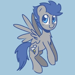 Size: 2048x2048 | Tagged: safe, artist:juulatte, oc, oc only, oc:little bolt, pegasus, pony, blue background, blue eyes, blue mane, blue tail, chest fluff, flying, freckles, full body, gray coat, high res, hooves, looking at you, male, pegasus oc, simple background, smiling, smiling at you, solo, spread wings, stallion, tail, wings