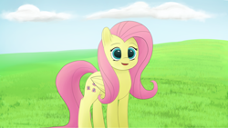 Size: 3840x2160 | Tagged: safe, artist:astralr, fluttershy, pegasus, pony, g4, cloud, cute, daaaaaaaaaaaw, female, grass, high res, mare, open mouth, shyabetes, sky, solo