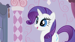 Size: 1920x1080 | Tagged: safe, screencap, rarity, pony, unicorn, season 2, sisterhooves social, blue eyes, boutique, cute, eyelashes, female, horn, looking at each other, looking at someone, mare, open mouth, open smile, raribetes, smiling, solo