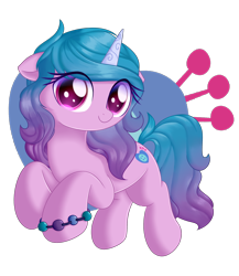Size: 2112x2432 | Tagged: safe, artist:neige de printdemps, izzy moonbow, pony, unicorn, g5, my little pony: a new generation, abstract background, backwards cutie mark, bracelet, eye clipping through hair, female, floppy ears, full body, gradient mane, gradient tail, high res, hooves, horn, jewelry, looking at you, mare, raised hoof, simple background, smiling, solo, tail, three quarter view, transparent background