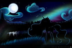 Size: 1920x1264 | Tagged: safe, artist:opal_radiance, princess celestia, alicorn, pony, g4, aurora borealis, cloud, crown, female, flowing mane, flowing tail, folded wings, grass, hoof shoes, horn, jewelry, looking up, moon, moonlight, night, regalia, sky, solo, stars, tail, tree, wings