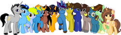 Size: 5000x1450 | Tagged: safe, artist:crisostomo-ibarra, oc, oc only, oc:aspen, oc:author penfeather, oc:bright idea, oc:chaud starpower, oc:connie the casanova, oc:cyber gamer, oc:midnight shadows, oc:paint sketch, oc:princess fantasy star, oc:radiant sword, oc:ryan, oc:silvermane, oc:summer sketch, alicorn, earth pony, pegasus, pony, unicorn, 2022 community collab, derpibooru community collaboration, g4, alicorn oc, earth pony oc, female, folded wings, glasses, grin, group, high res, hooves, horn, jewelry, looking at you, male, mare, necklace, peace symbol, pegasus oc, raised hoof, simple background, smiling, smiling at you, stallion, standing, transparent background, two toned mane, unicorn oc, unshorn fetlocks, wall of tags, watch, wings
