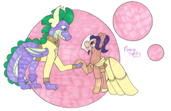 Size: 1280x827 | Tagged: safe, artist:flamirasplitz, scootaloo, spike, dragon, pegasus, pony, g4, clothes, dress, female, holding hooves, looking at each other, looking at someone, male, marriage, older, older scootaloo, older spike, quadrupedal spike, request, ship:scootaspike, shipping, straight, veil, wedding, wedding dress, winged spike, wings