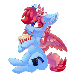 Size: 2000x2000 | Tagged: oc name needed, safe, artist:star-theft, oc, oc only, pegasus, pony, 3-d glasses, 3d glasses, colored wings, ear fluff, food, full body, glasses on head, heterochromia, high res, looking at you, male, open mouth, open smile, popcorn, simple background, sitting, smiling, smiling at you, solo, stallion, transparent background, wings