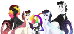 Size: 4896x2256 | Tagged: safe, artist:azaani, oc, oc only, earth pony, pony, unicorn, bust, clothes, commission, earth pony oc, family, female, filly, foal, freckles, hat, horn, jewelry, looking at you, male, mare, portrait, rainbow tail, siblings, smiling, suit, tail, tattoo, twins, unicorn oc