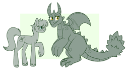 Size: 1249x690 | Tagged: safe, artist:lulubell, oc, oc:ashen, oc:atsuko, dragon, earth pony, pony, couple, species swap