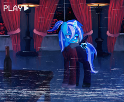 Size: 1369x1125 | Tagged: safe, artist:menalia, oc, oc only, oc:freezy coldres, pony, unicorn, aesthetics, bottle, cigarette, city, clothes, curtains, error, female, glitch, gloves, gun, horn, lamp, looking at something, magic, magic aura, mare, night, pants, ponytail, shirt, shoes, skyscraper, smoking, solo, table, text, vhs, weapon, window, wine bottle