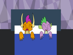 Size: 1280x960 | Tagged: safe, artist:platinumdrop, smolder, spike, dragon, g4, bed, bedroom, cute, dragoness, duo, ear, eyes closed, female, horn, male, onomatopoeia, open mouth, request, ship:spolder, shipping, sleeping, sleepover, smolderbetes, snoring, sound effects, spikabetes, straight, zzz